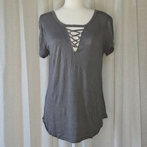 New York & Company Gray Lace-Up Tee